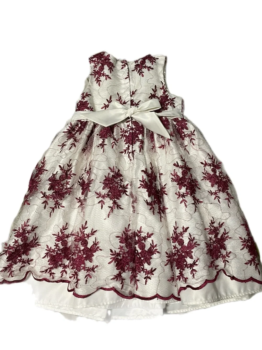 American Princess White Dress with Burgundy Floral Lace For Girls, Size 5